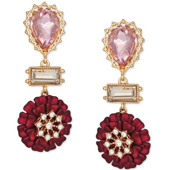NWT Guess Gold-Tone Crystal Flower 2” Drop Earrings - Picture 1 of 3